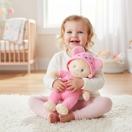 June Garden 12" Sweet Dolly Frida — Ultra-Soft Baby Bear Doll with Removable Pink Outfit | Birth & Up