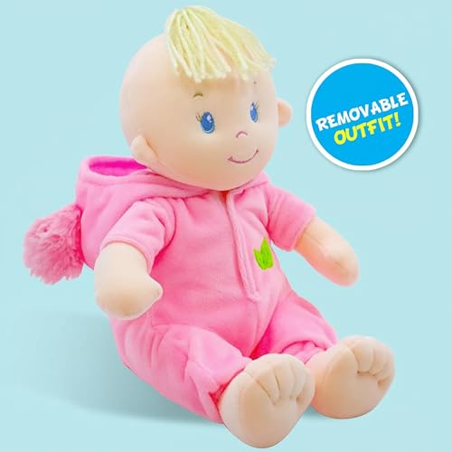 June Garden 12" Sweet Dolly Frida — Ultra-Soft Baby Bear Doll with Removable Pink Outfit | Birth & Up
