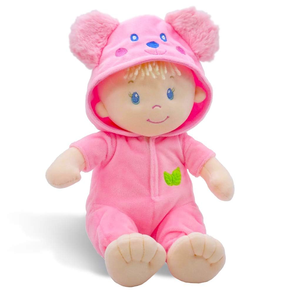 June Garden 12" Sweet Dolly Frida — Ultra-Soft Baby Bear Doll with Removable Pink Outfit | Birth & Up
