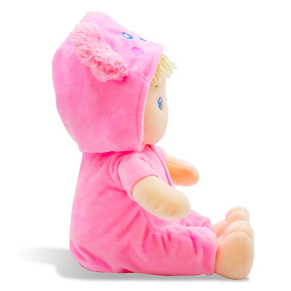 June Garden 12" Sweet Dolly Frida — Ultra-Soft Baby Bear Doll with Removable Pink Outfit | Birth & Up
