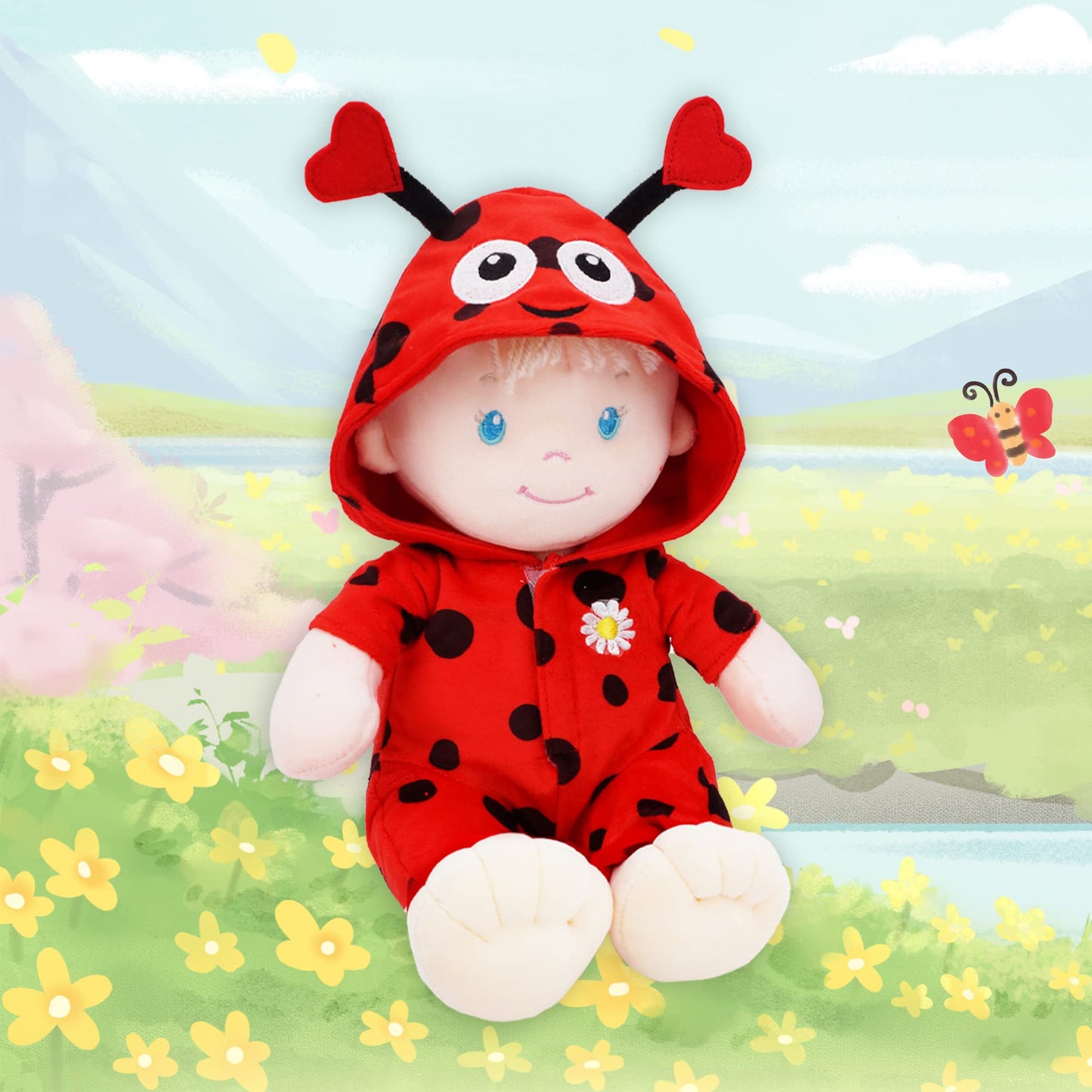 June Garden 12-inch Sweet Dolly Ladybug – Ultra-Soft Baby Doll with Velcro Dress-Up
