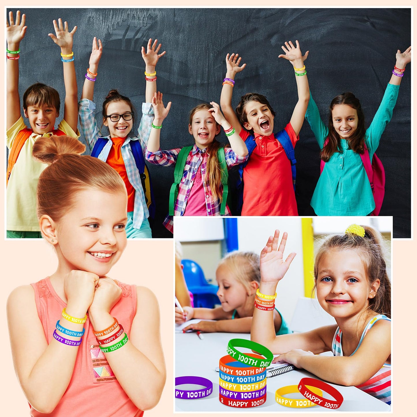 JUNEBRUSHS Happy 100th Day Silicone Wristbands – 42pc Colorful 100 Days of School Bracelets