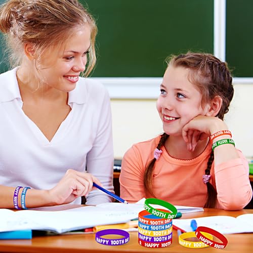 JUNEBRUSHS Happy 100th Day Silicone Wristbands – 42pc Colorful 100 Days of School Bracelets