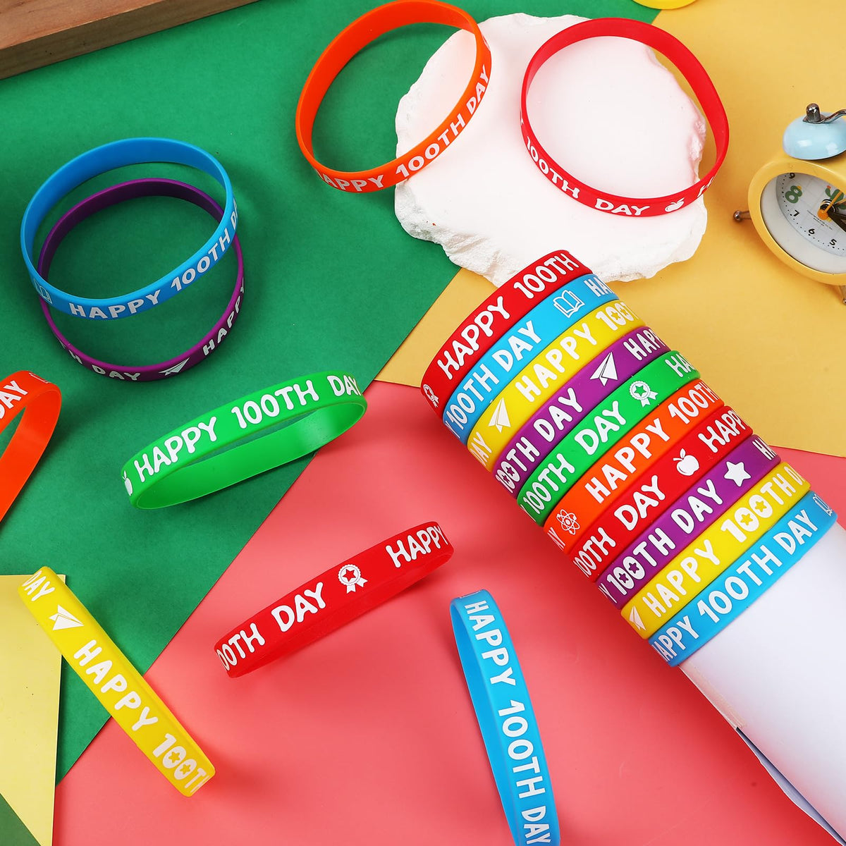 JUNEBRUSHS Happy 100th Day Silicone Wristbands – 42pc Colorful 100 Days of School Bracelets