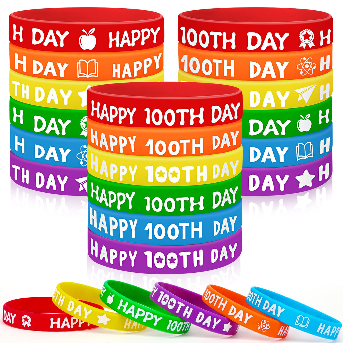 JUNEBRUSHS Happy 100th Day Silicone Wristbands – 42pc Colorful 100 Days of School Bracelets