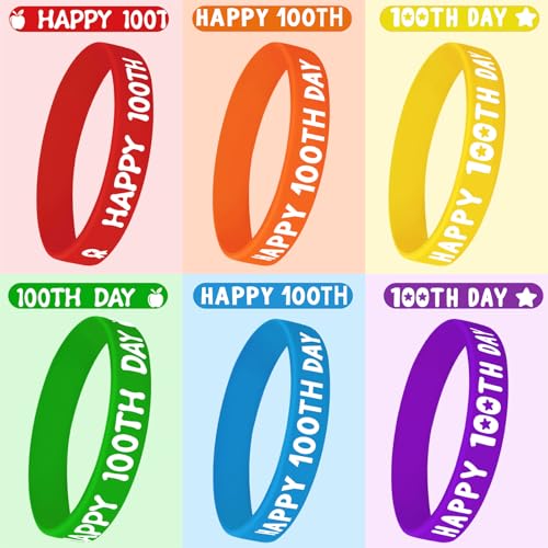 JUNEBRUSHS Happy 100th Day Silicone Wristbands – 42pc Colorful 100 Days of School Bracelets