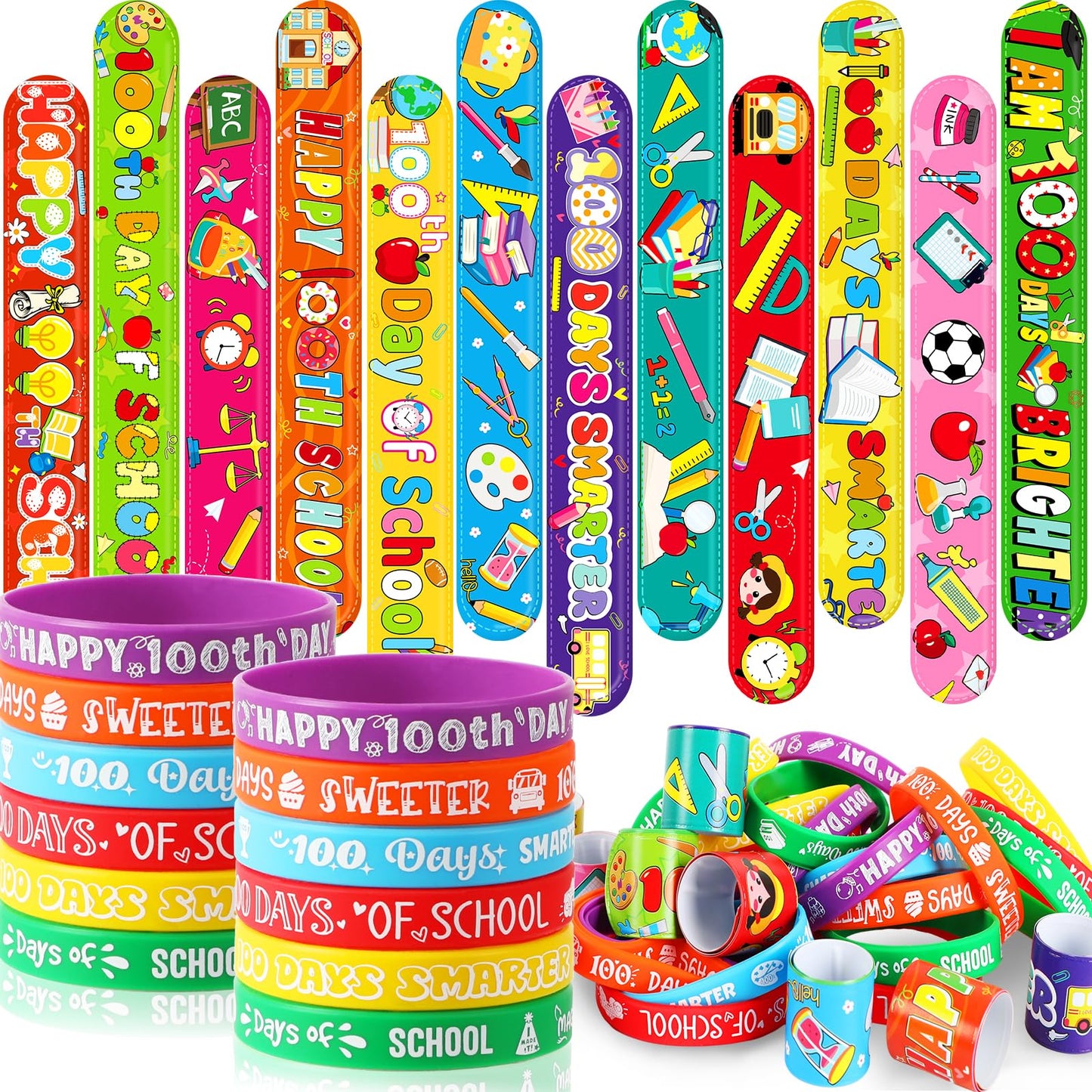 JUNEBRUSHS 100 Days of School Silicone Slap Bracelets – 50 Pcs Party Favors & Classroom Rewards