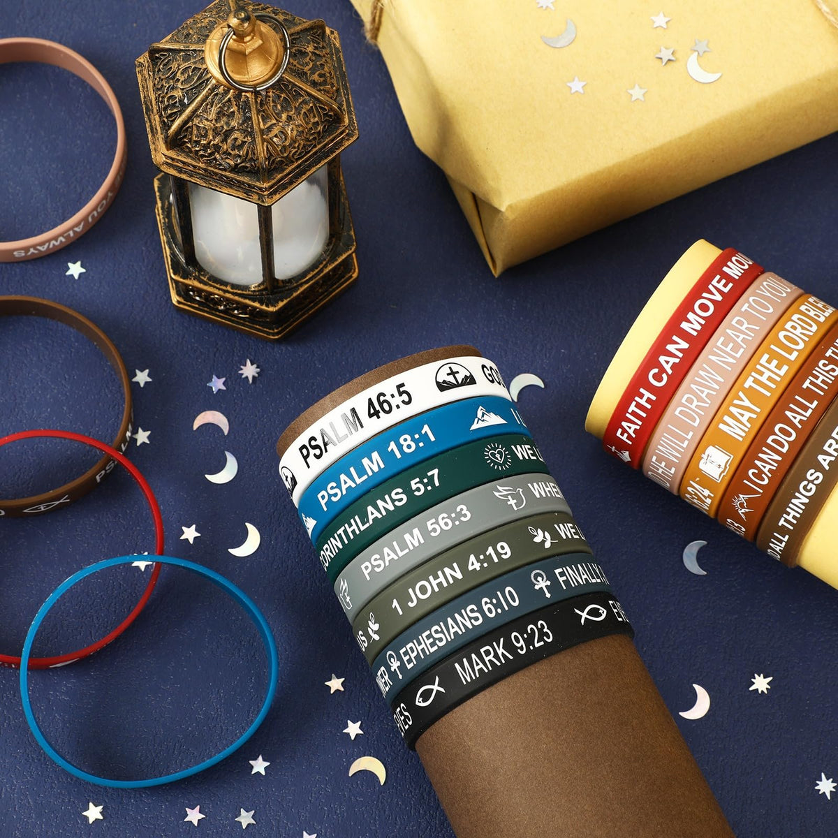 JUNEBRUSHS 64pcs Bible Verse Bracelets – 16 Designs of Inspirational Christian Silicone Wristbands