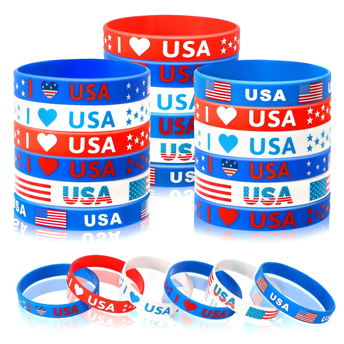 JUNEBRUSHS 42pcs 4th of July Silicone Bracelets – Red White Blue Patriotic Wristbands (6 Designs)