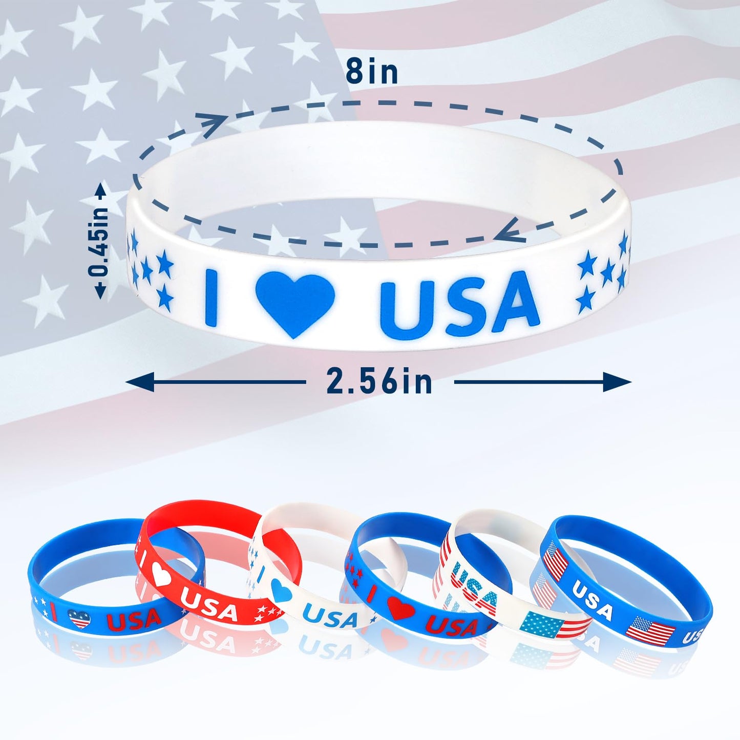 JUNEBRUSHS 42pcs 4th of July Silicone Bracelets – Red White Blue Patriotic Wristbands (6 Designs)