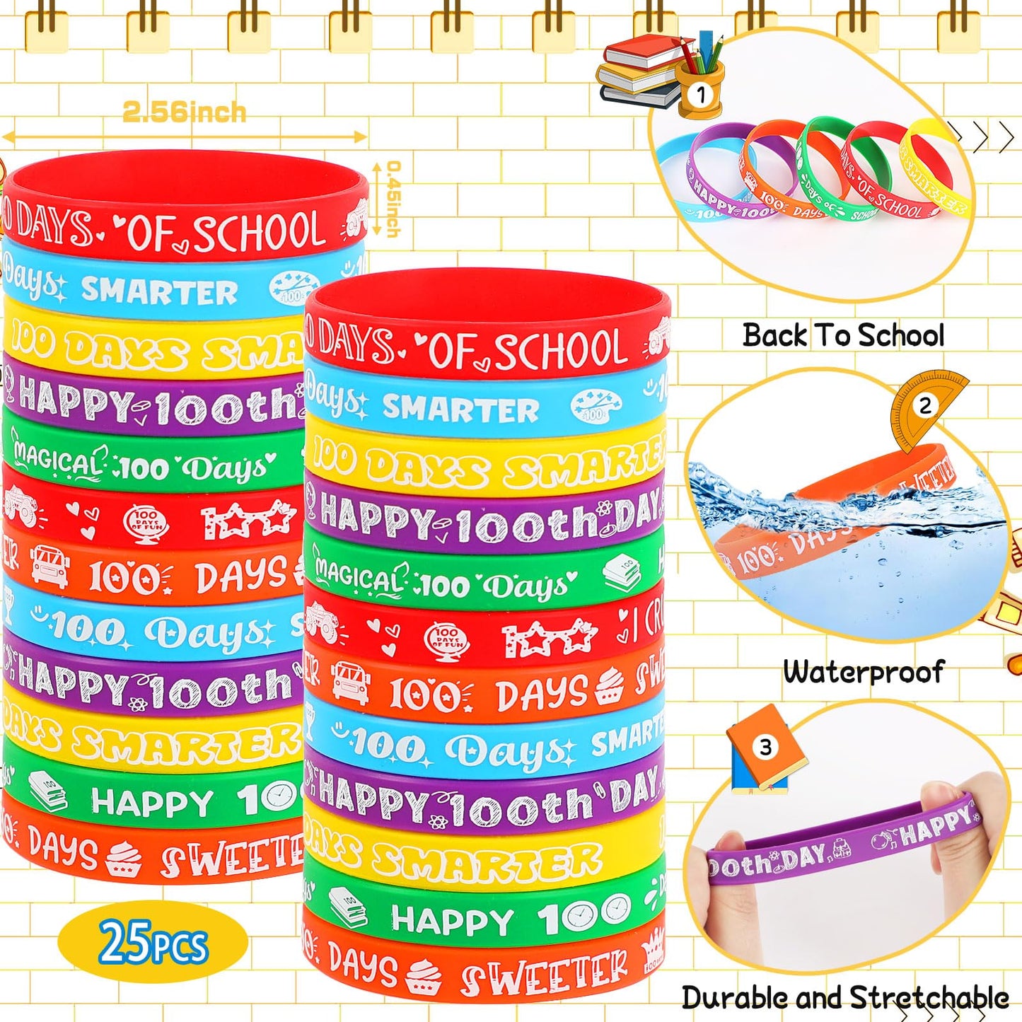 JUNEBRUSHS 100 Days of School Silicone Slap Bracelets – 50 Pcs Party Favors & Classroom Rewards