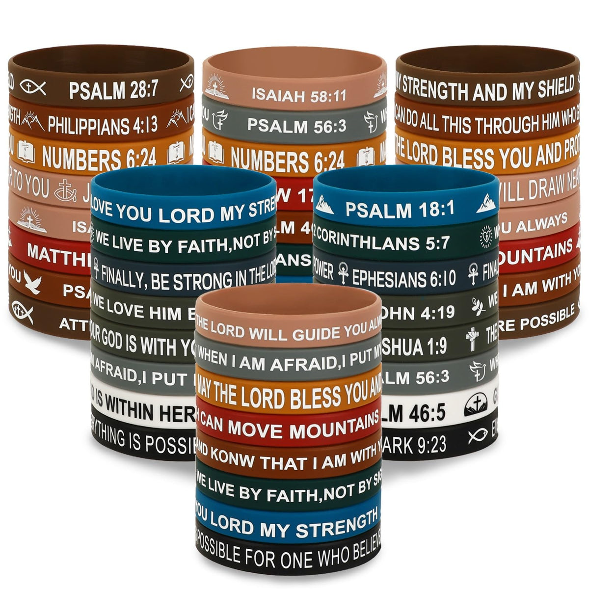 JUNEBRUSHS 64pcs Bible Verse Bracelets – 16 Designs of Inspirational Christian Silicone Wristbands