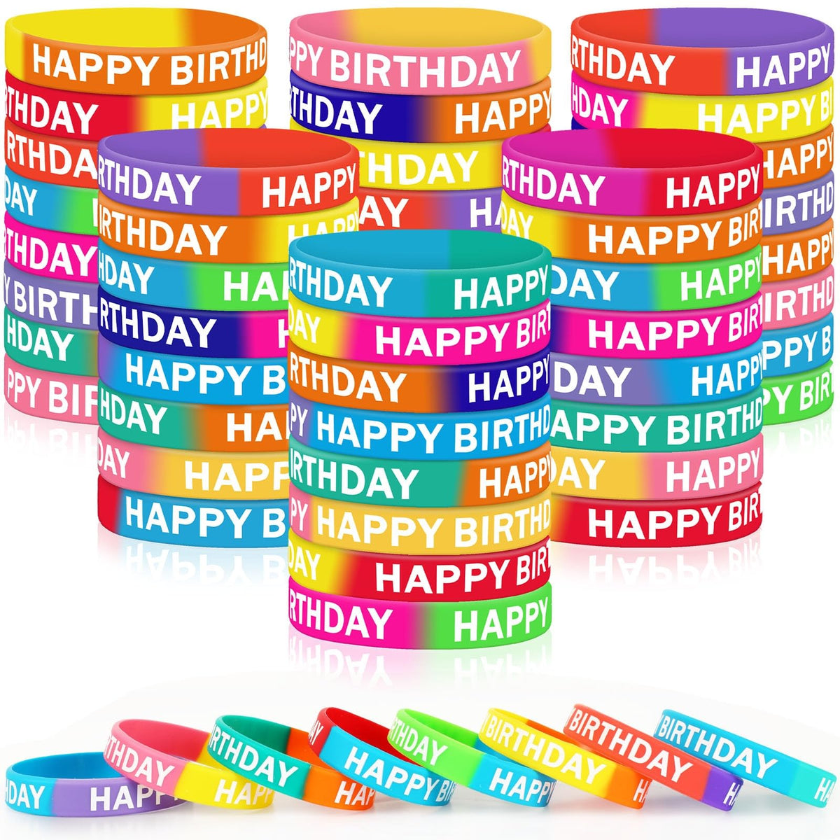 JUNEBRUSHS 64pcs Happy Birthday Silicone Wristbands – 16 Designs for Classroom Rewards & Party Decor