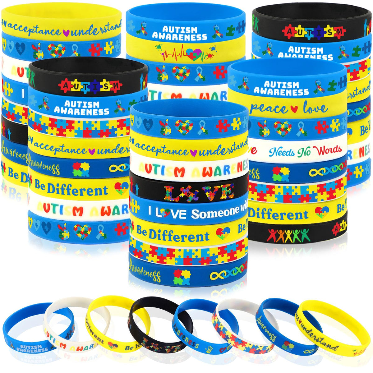 JUNEBRUSHS 64-Piece Autism Awareness Wristbands — Colorful Puzzle Silicone Bracelets