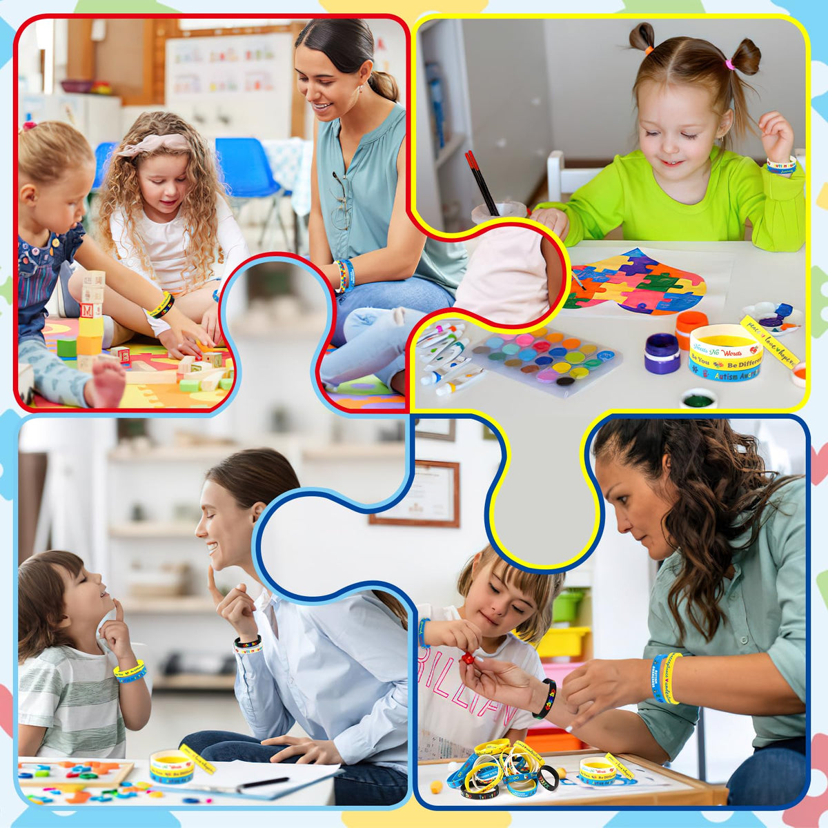 JUNEBRUSHS 64-Piece Autism Awareness Wristbands — Colorful Puzzle Silicone Bracelets