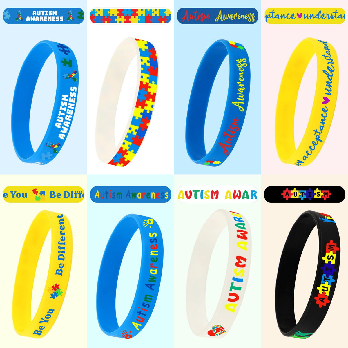 JUNEBRUSHS 64-Piece Autism Awareness Wristbands — Colorful Puzzle Silicone Bracelets