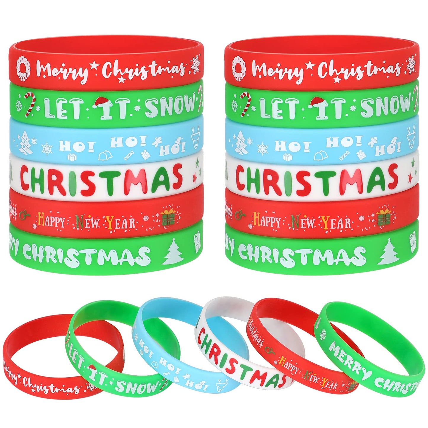 JUNEBRUSHS 42Pcs Christmas Silicone Wristbands – 6 Designs Party Favors & Stocking Stuffers