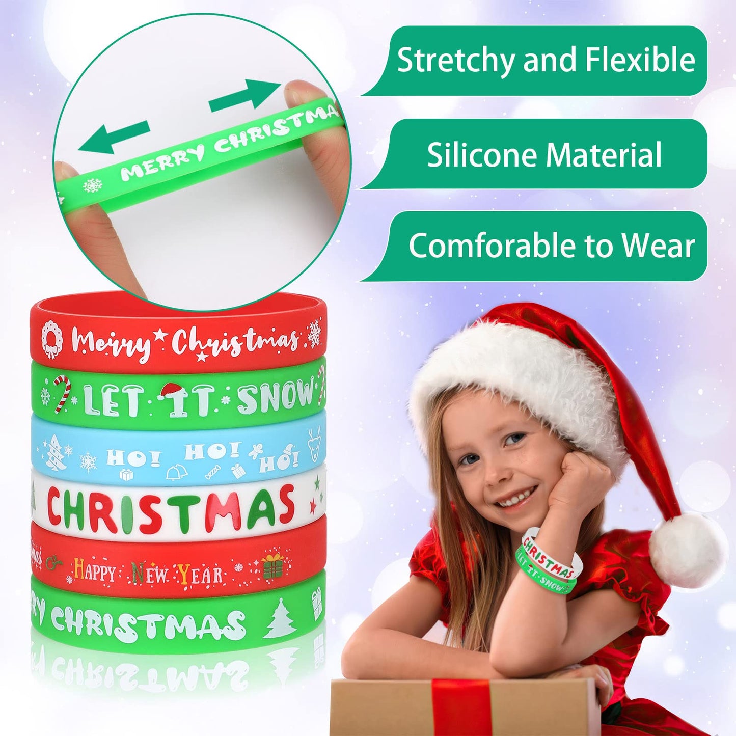 JUNEBRUSHS 42Pcs Christmas Silicone Wristbands – 6 Designs Party Favors & Stocking Stuffers