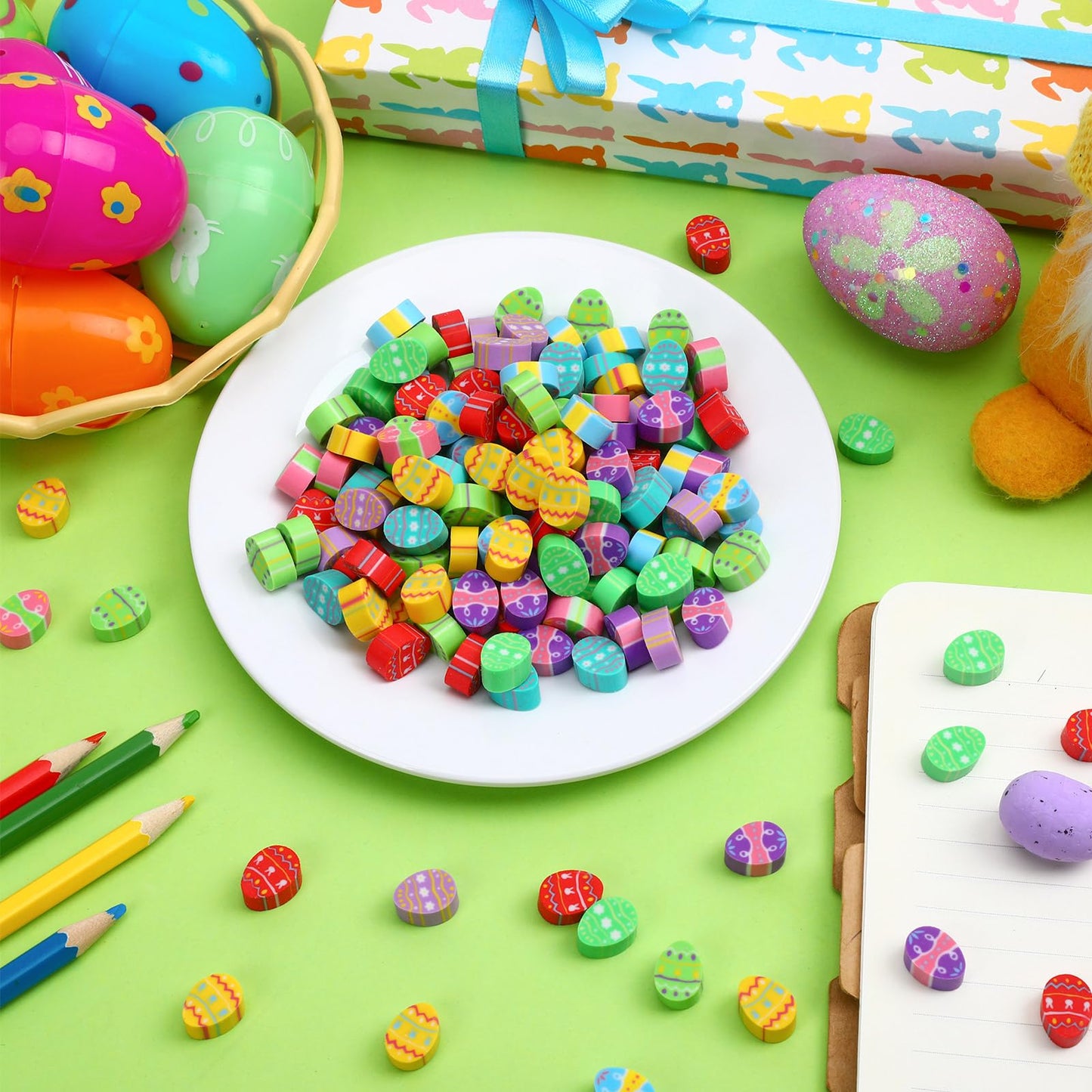 JUNEBRUSHS 150 Pcs Easter Egg Erasers Bulk – 9 Styles Mini Rubber Erasers