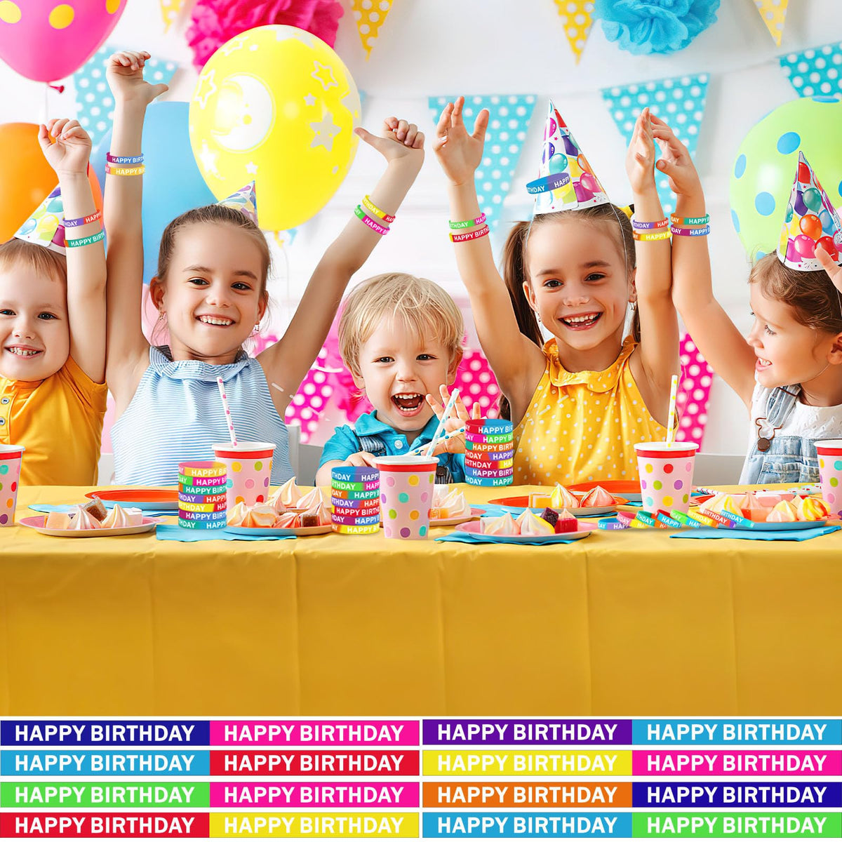JUNEBRUSHS 64pcs Happy Birthday Silicone Wristbands – 16 Designs for Classroom Rewards & Party Decor