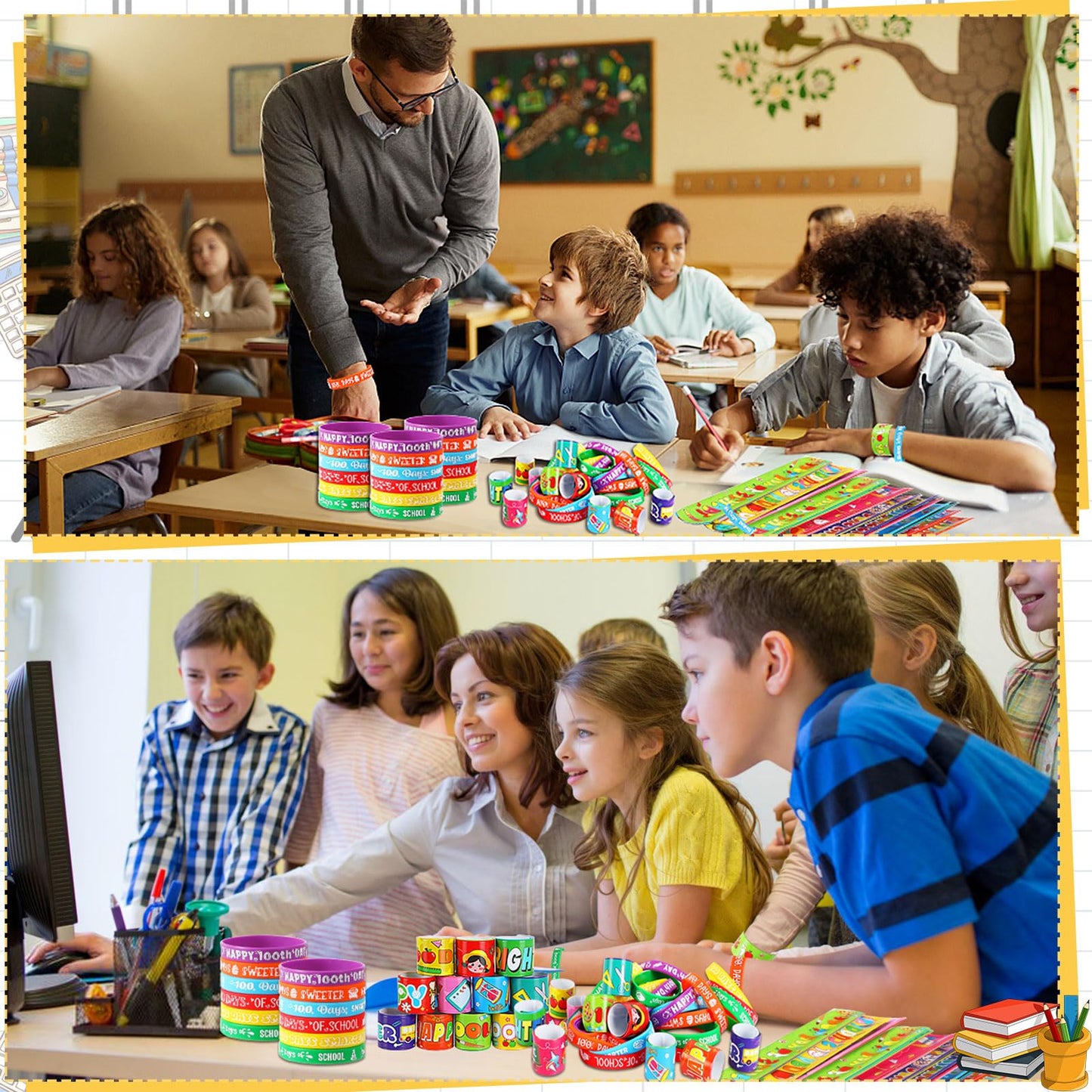 JUNEBRUSHS 100 Days of School Silicone Slap Bracelets – 50 Pcs Party Favors & Classroom Rewards