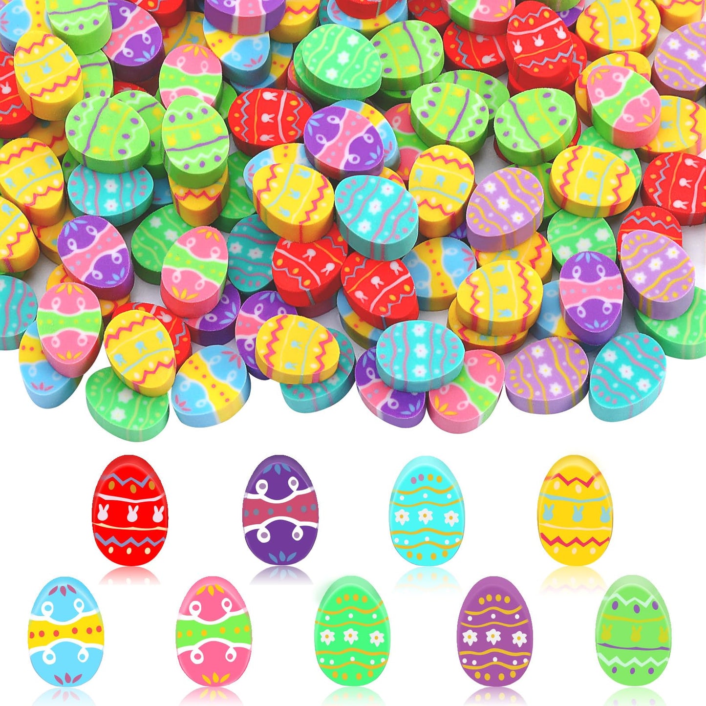 JUNEBRUSHS 150 Pcs Easter Egg Erasers Bulk – 9 Styles Mini Rubber Erasers