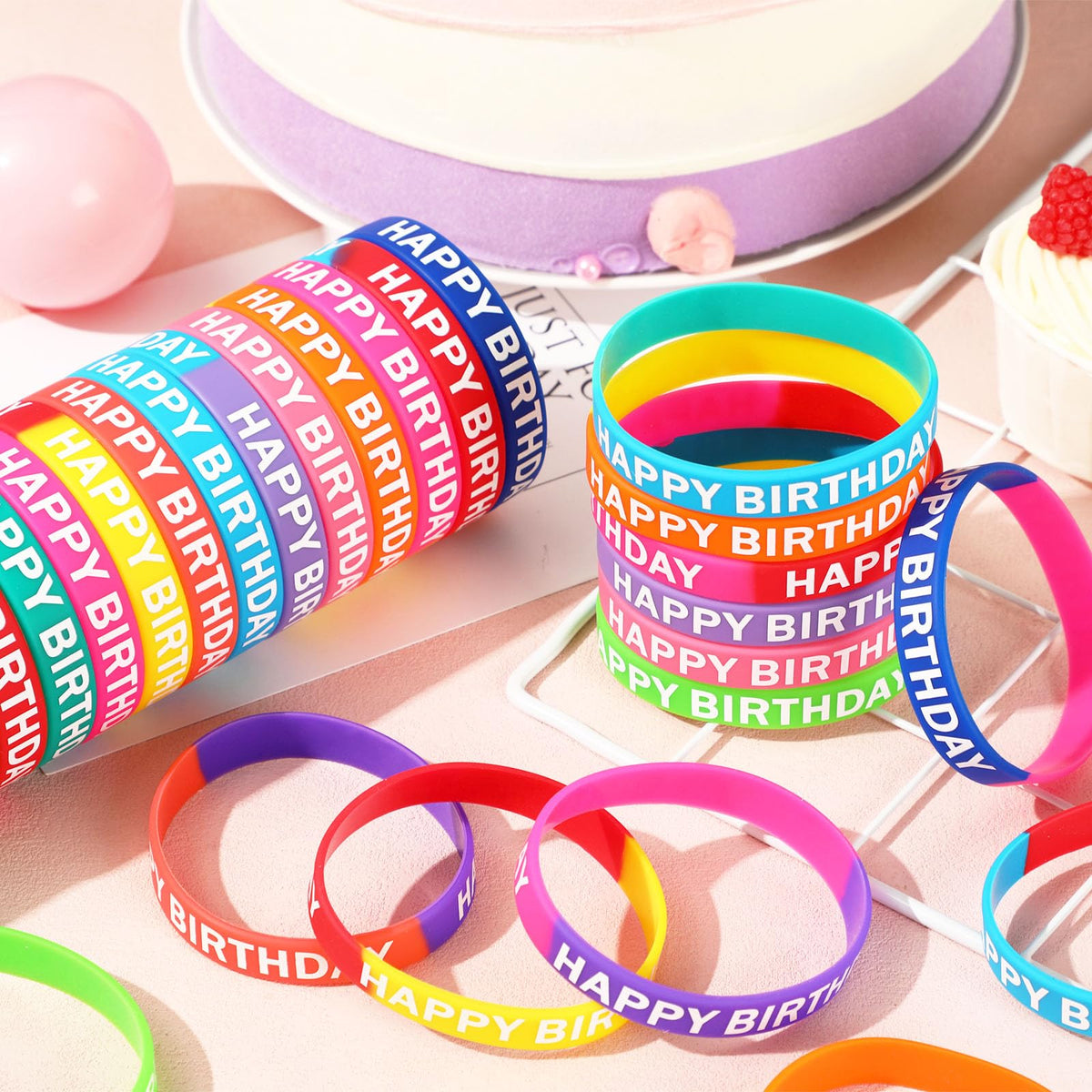 JUNEBRUSHS 64pcs Happy Birthday Silicone Wristbands – 16 Designs for Classroom Rewards & Party Decor