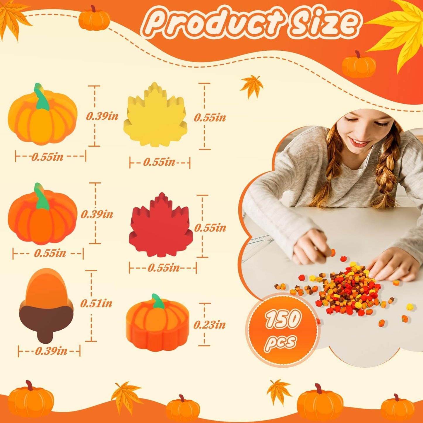 JUNEBRUSHS Fall Mini Erasers – 150 Pcs Thanksgiving Classroom Prizes & Party Favors