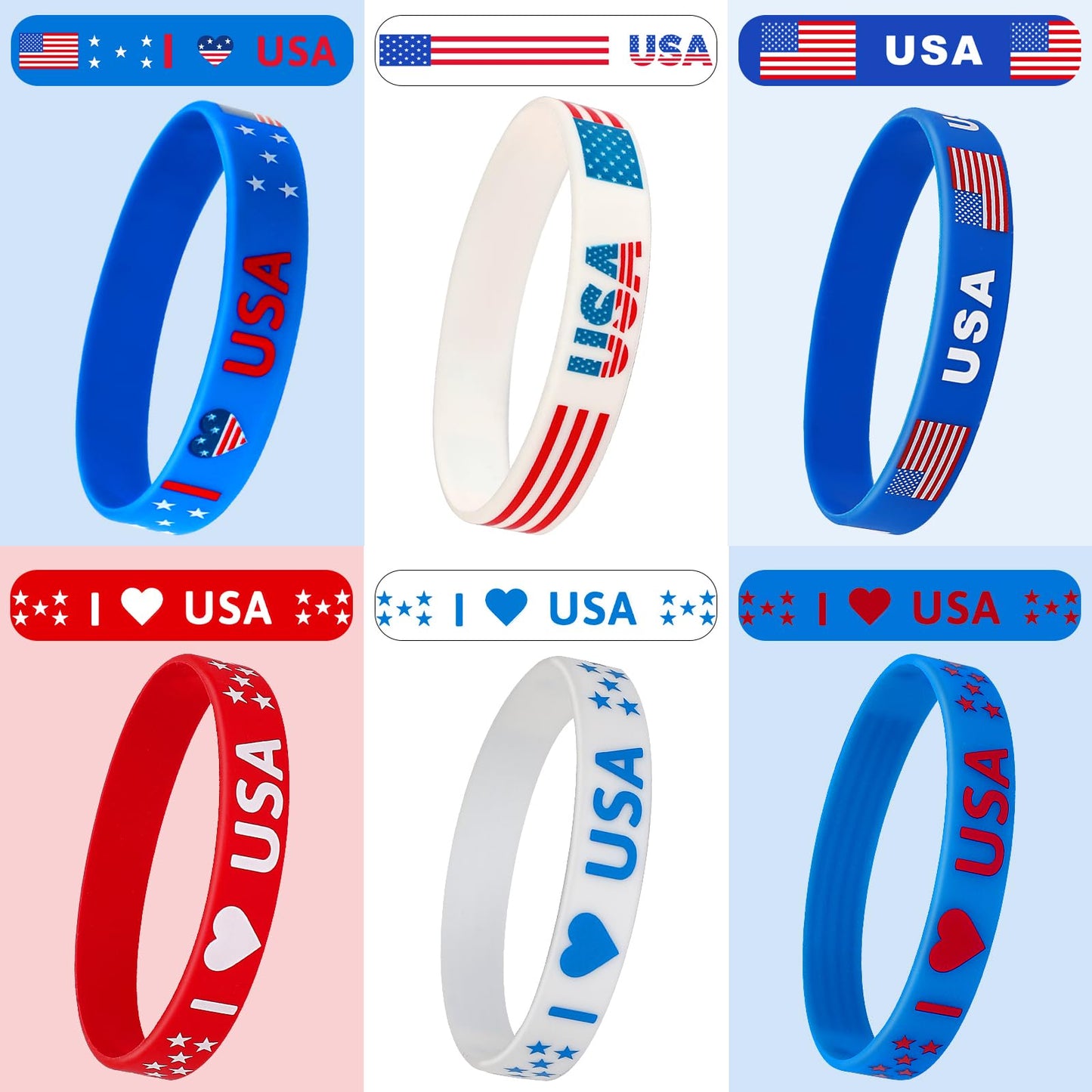 JUNEBRUSHS 42pcs 4th of July Silicone Bracelets – Red White Blue Patriotic Wristbands (6 Designs)