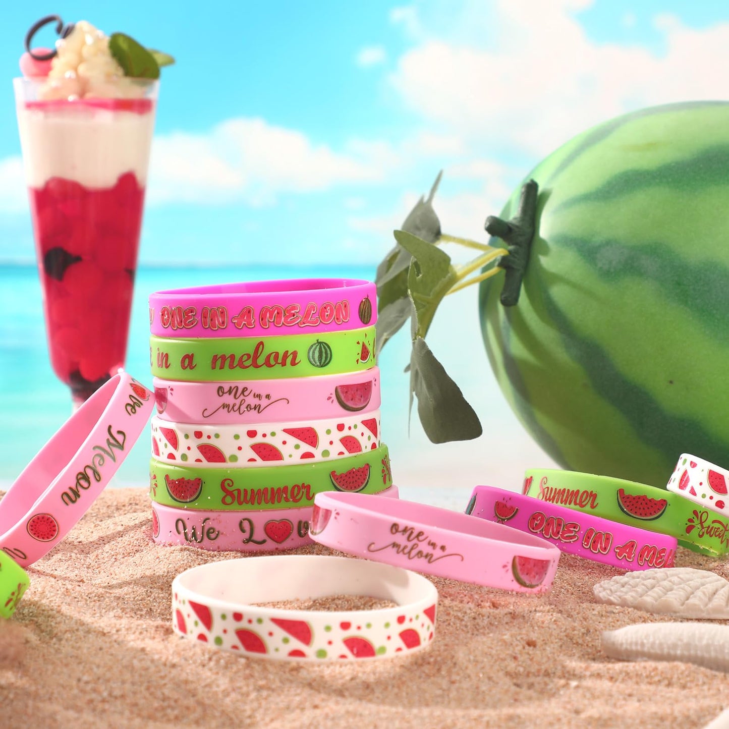 JUNEBRUSHS One In a Melon Party Favors – 42 Watermelon Silicone Wristbands for 1st Birthday & Summer Parties
