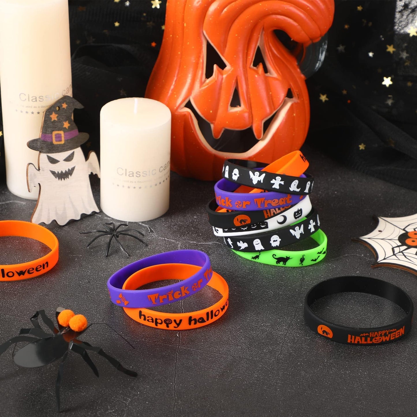 JUNEBRUSHS 42Pcs Halloween Silicone Wristbands – 6 Designs for Party Favors