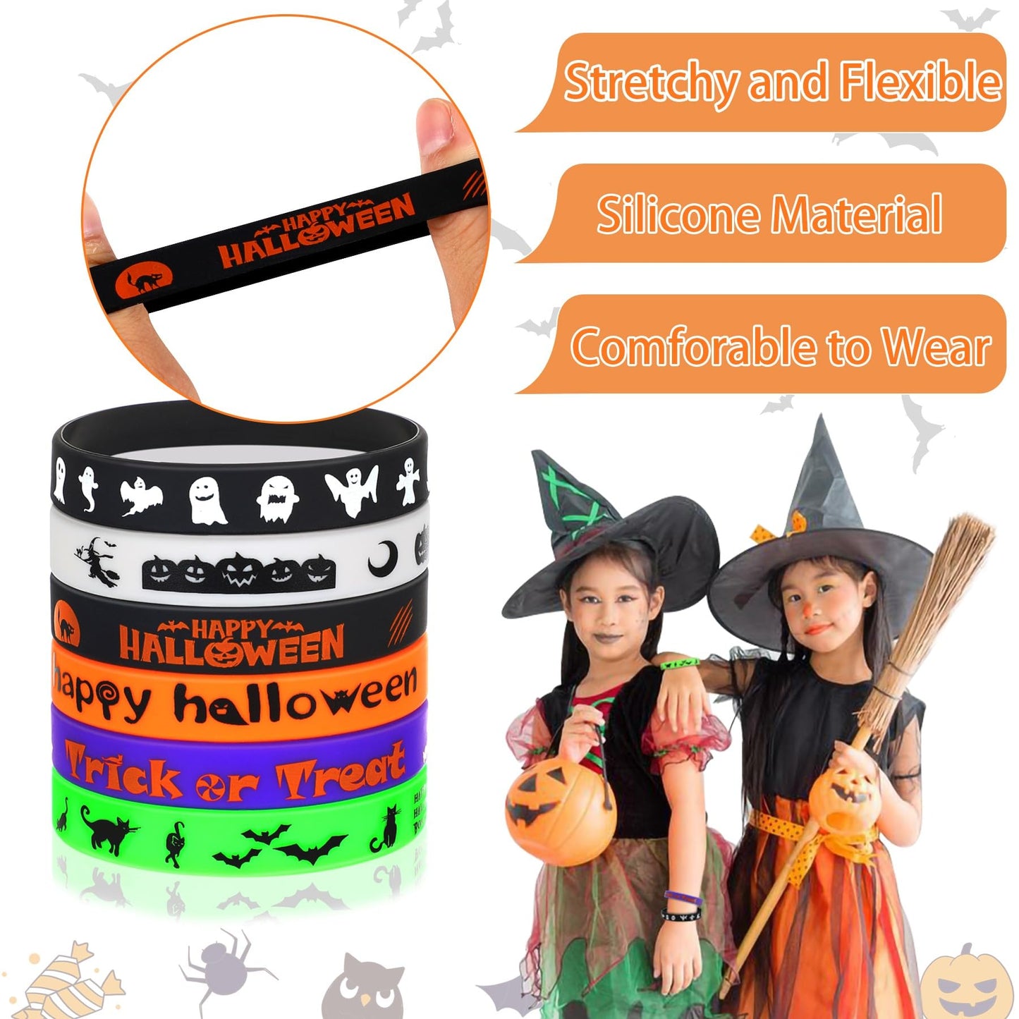 JUNEBRUSHS 42Pcs Halloween Silicone Wristbands – 6 Designs for Party Favors