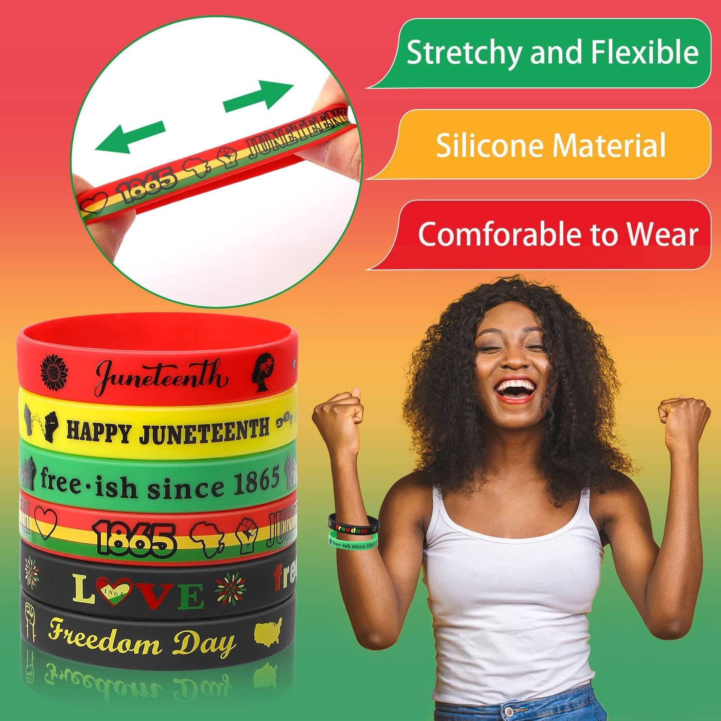 JUNEBRUSHS 42pcs Happy Juneteenth Silicone Bracelets – Patriotic Party Favors & Decorations