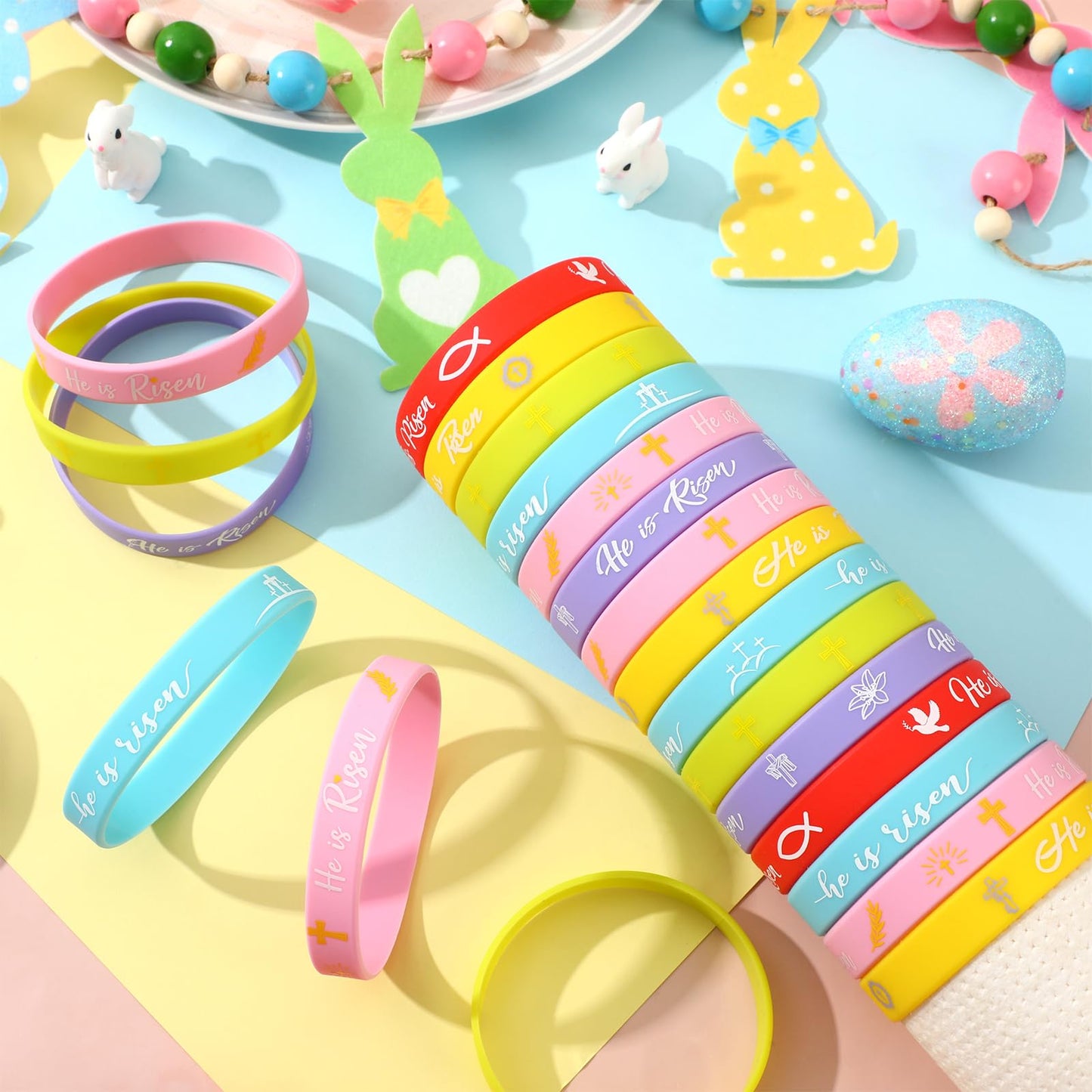 JUNEBRUSHS 42 Pcs He Is Risen Bracelets – 6 Styles Easter Silicone Wristbands