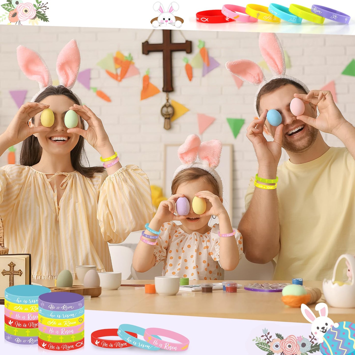 JUNEBRUSHS 42 Pcs He Is Risen Bracelets – 6 Styles Easter Silicone Wristbands
