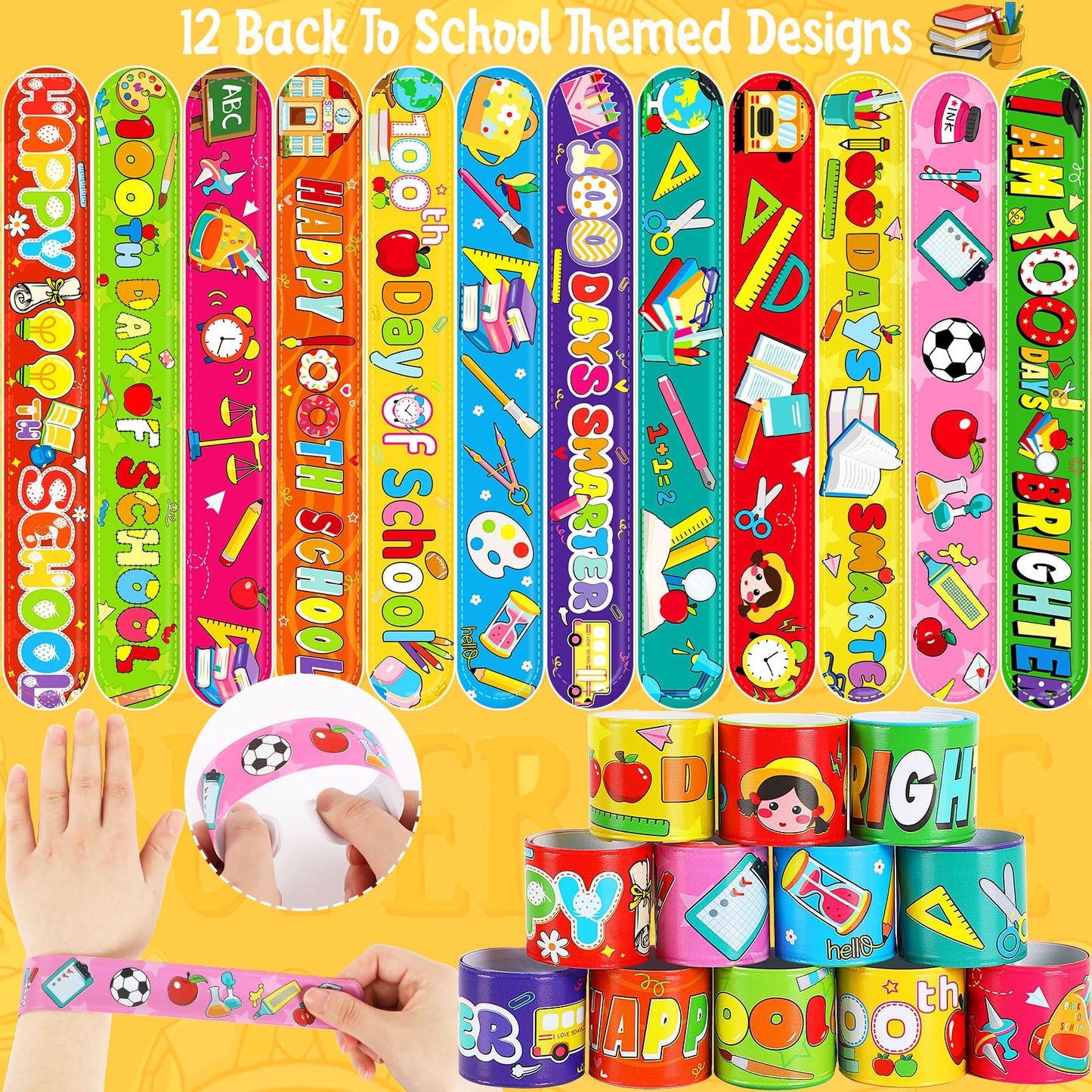 JUNEBRUSHS 100 Days of School Silicone Slap Bracelets – 50 Pcs Party Favors & Classroom Rewards