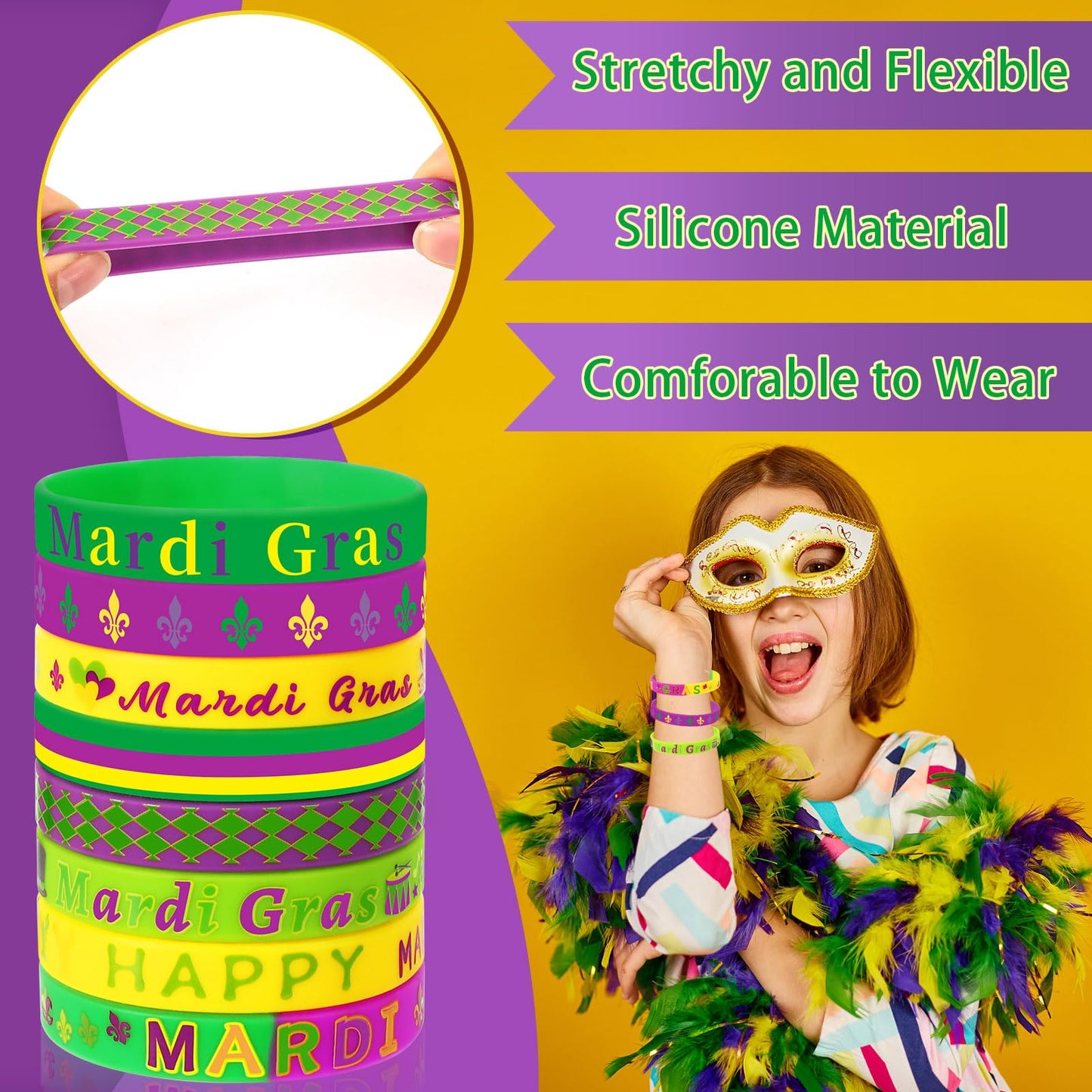 JUNEBRUSHS 24Pcs Mardi Gras Silicone Wristbands — 8 Designs for Parties, Favors & Decorations