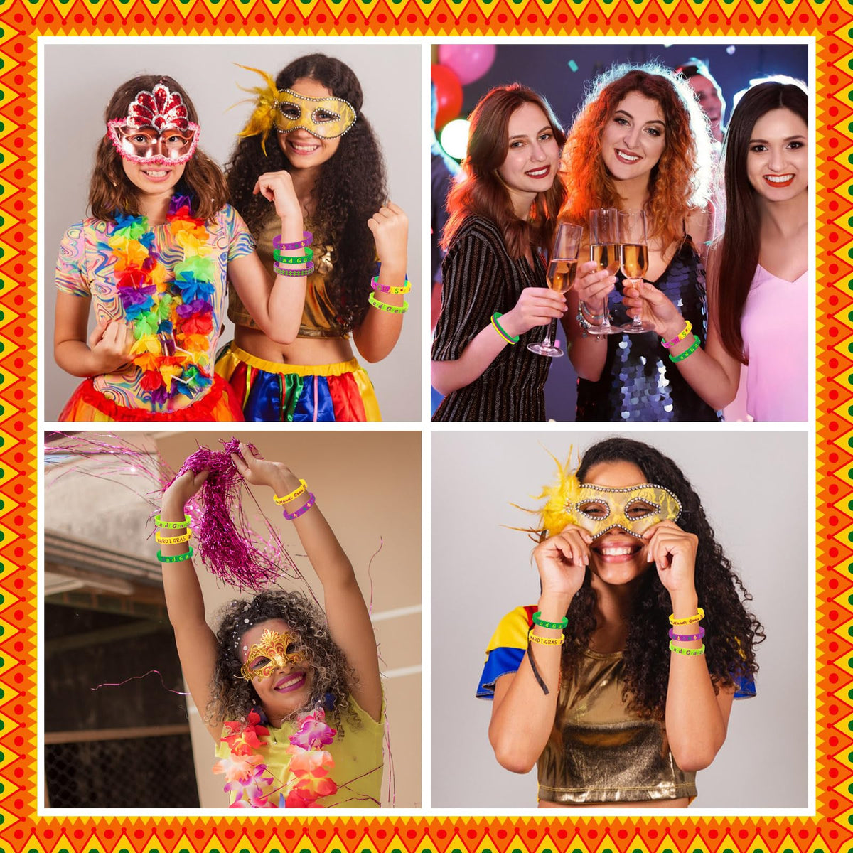 JUNEBRUSHS 24Pcs Mardi Gras Silicone Wristbands — 8 Designs for Parties, Favors & Decorations