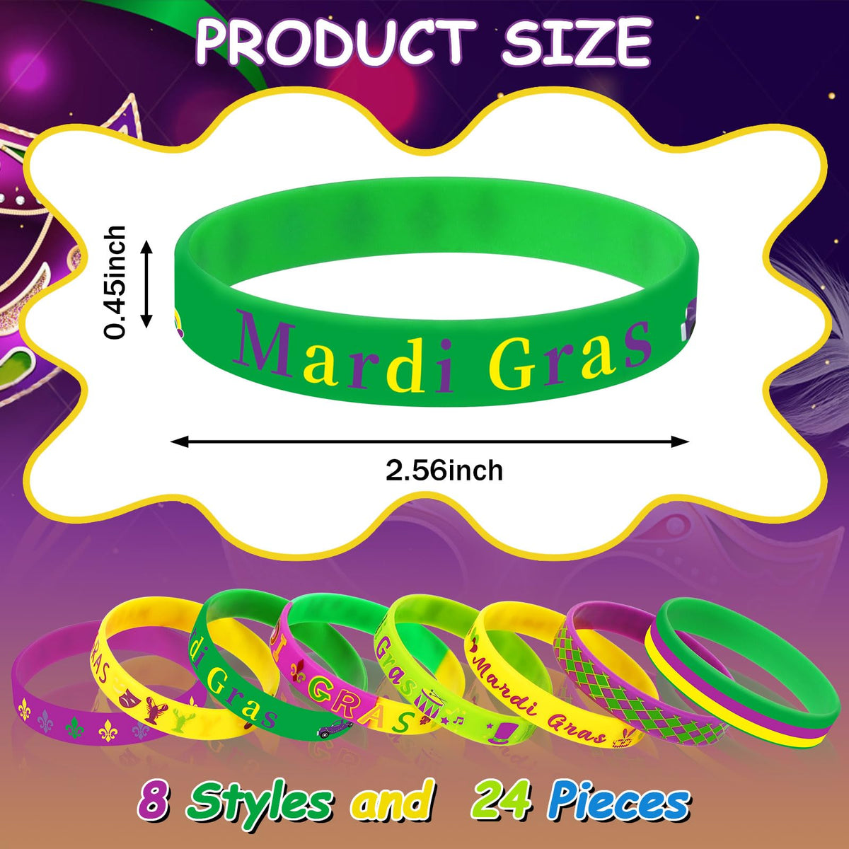 JUNEBRUSHS 24Pcs Mardi Gras Silicone Wristbands — 8 Designs for Parties, Favors & Decorations