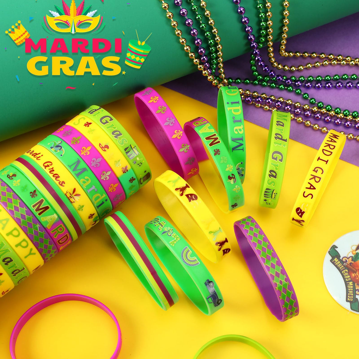 JUNEBRUSHS 24Pcs Mardi Gras Silicone Wristbands — 8 Designs for Parties, Favors & Decorations