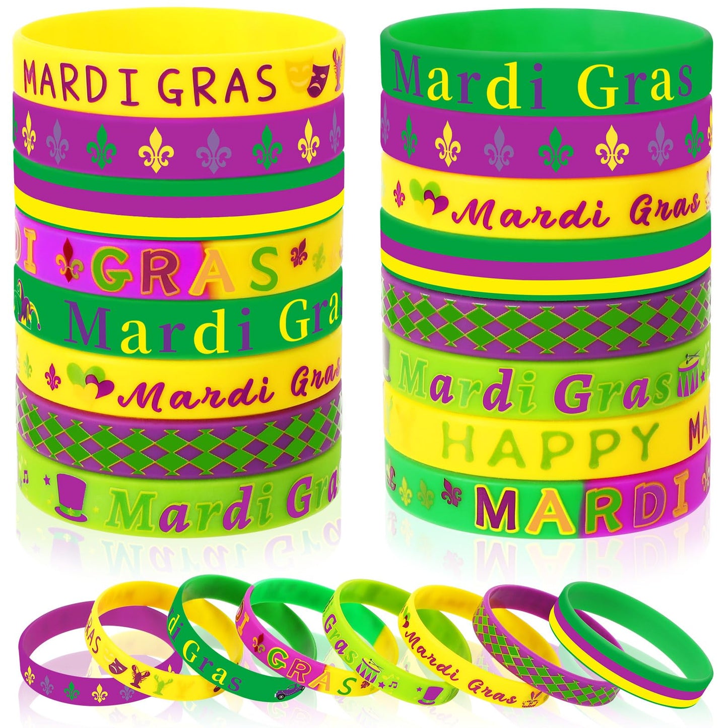 JUNEBRUSHS 24Pcs Mardi Gras Silicone Wristbands — 8 Designs for Parties, Favors & Decorations