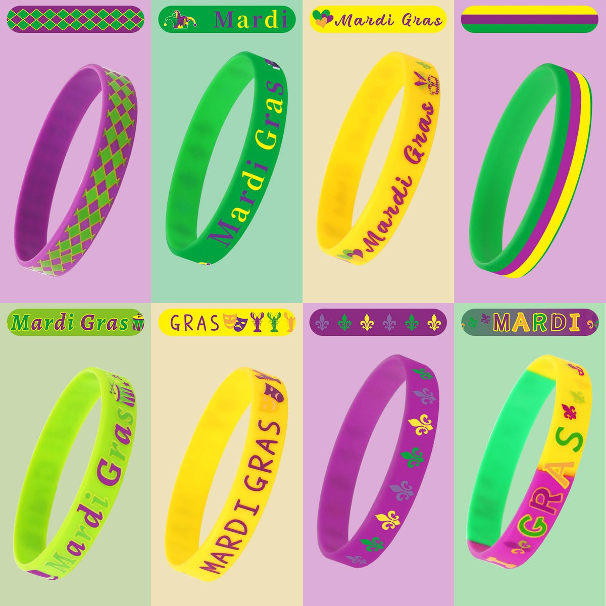 JUNEBRUSHS 24Pcs Mardi Gras Silicone Wristbands — 8 Designs for Parties, Favors & Decorations