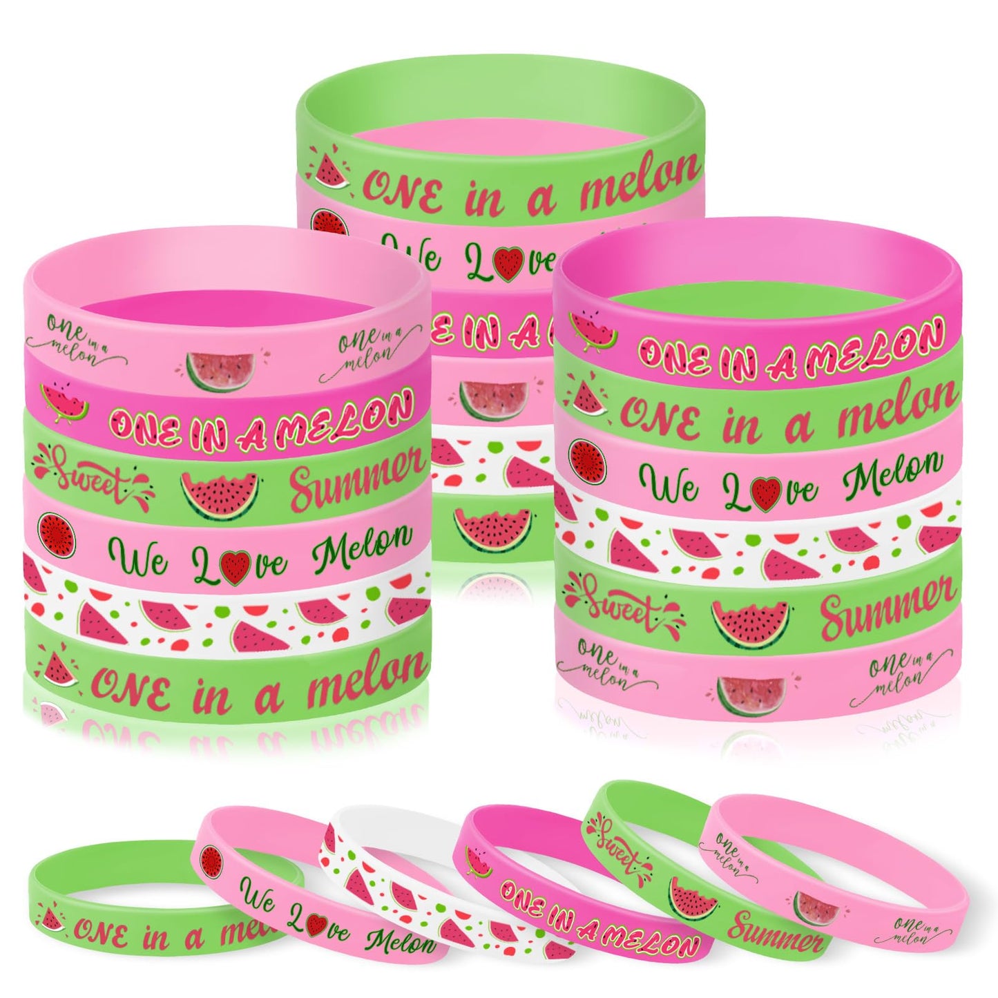 JUNEBRUSHS One In a Melon Party Favors – 42 Watermelon Silicone Wristbands for 1st Birthday & Summer Parties