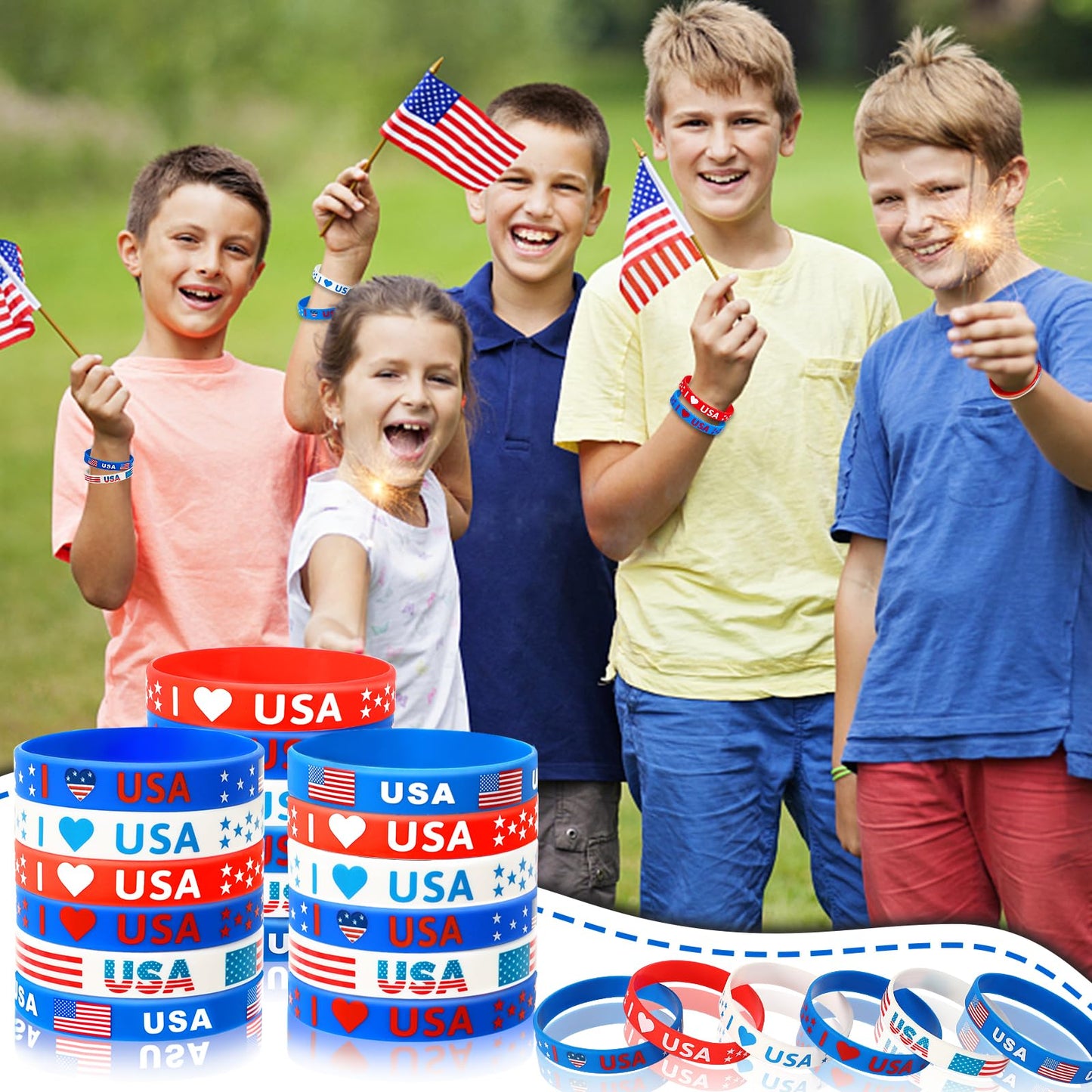 JUNEBRUSHS 42pcs 4th of July Silicone Bracelets – Red White Blue Patriotic Wristbands (6 Designs)