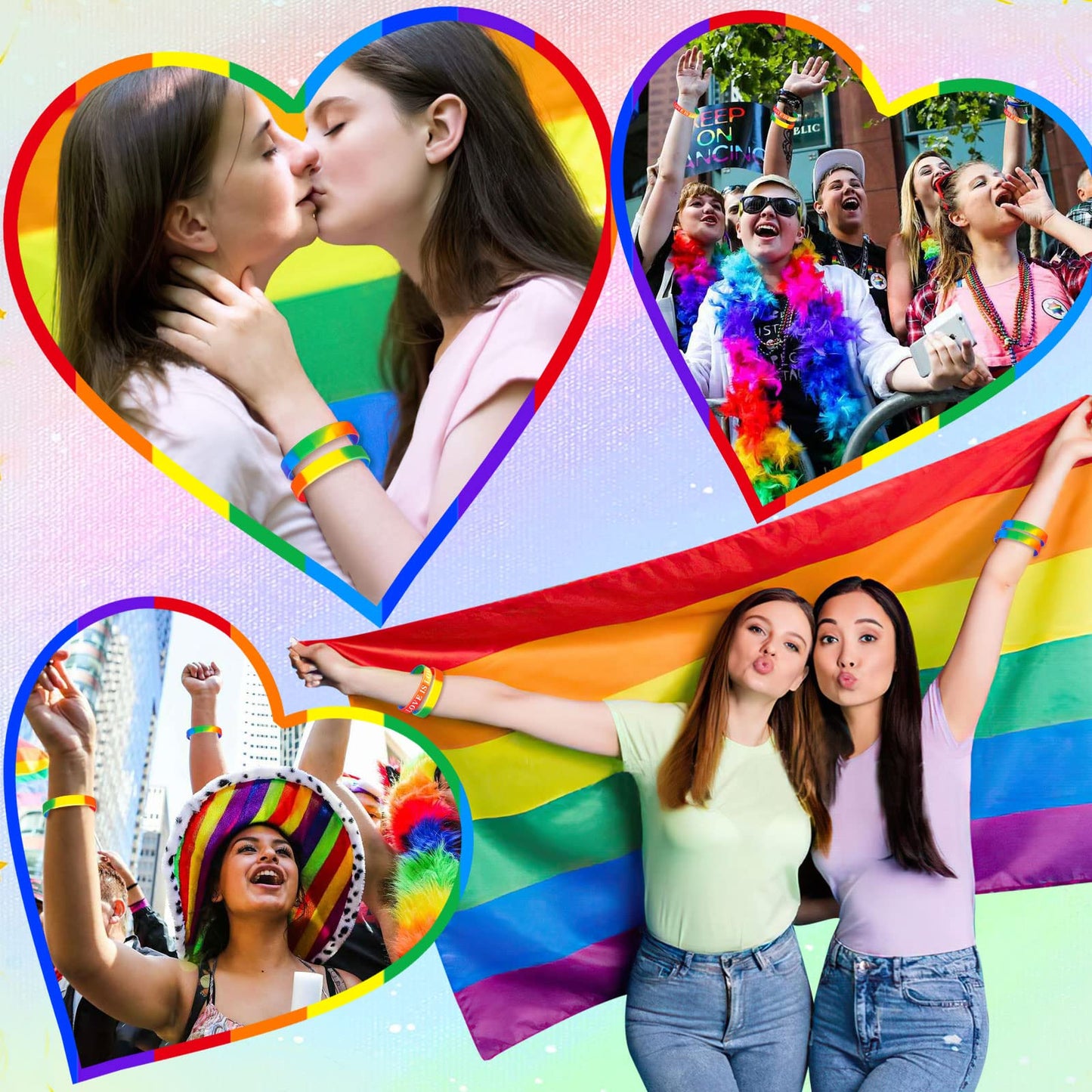 JUNEBRUSHS 42pcs Pride Silicone Bracelets – Rainbow LGBT Wristbands for Parades