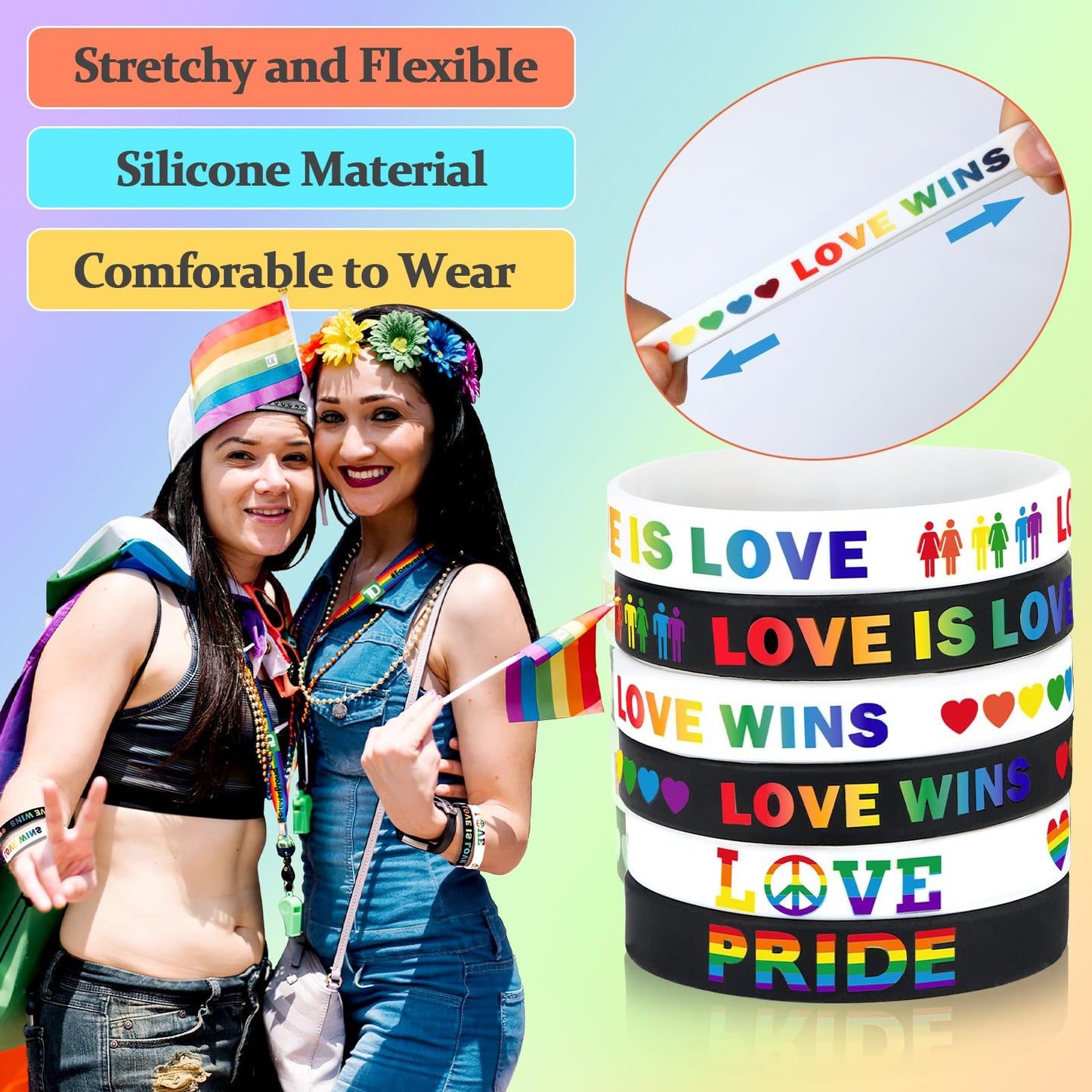 JUNEBRUSHS 42pcs Rainbow Pride Silicone Bracelets – LGBT Support Wristbands for Pride Day