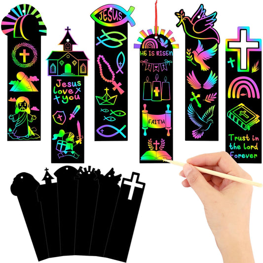 JUNEBRUSHS 30Pcs Rainbow Scratch Bookmarks for Kids – Easter Religious Crafts for Sunday School & Church