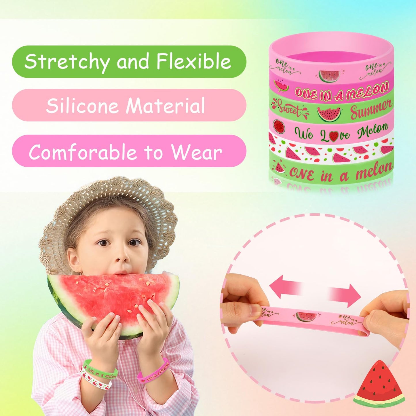 JUNEBRUSHS One In a Melon Party Favors – 42 Watermelon Silicone Wristbands for 1st Birthday & Summer Parties