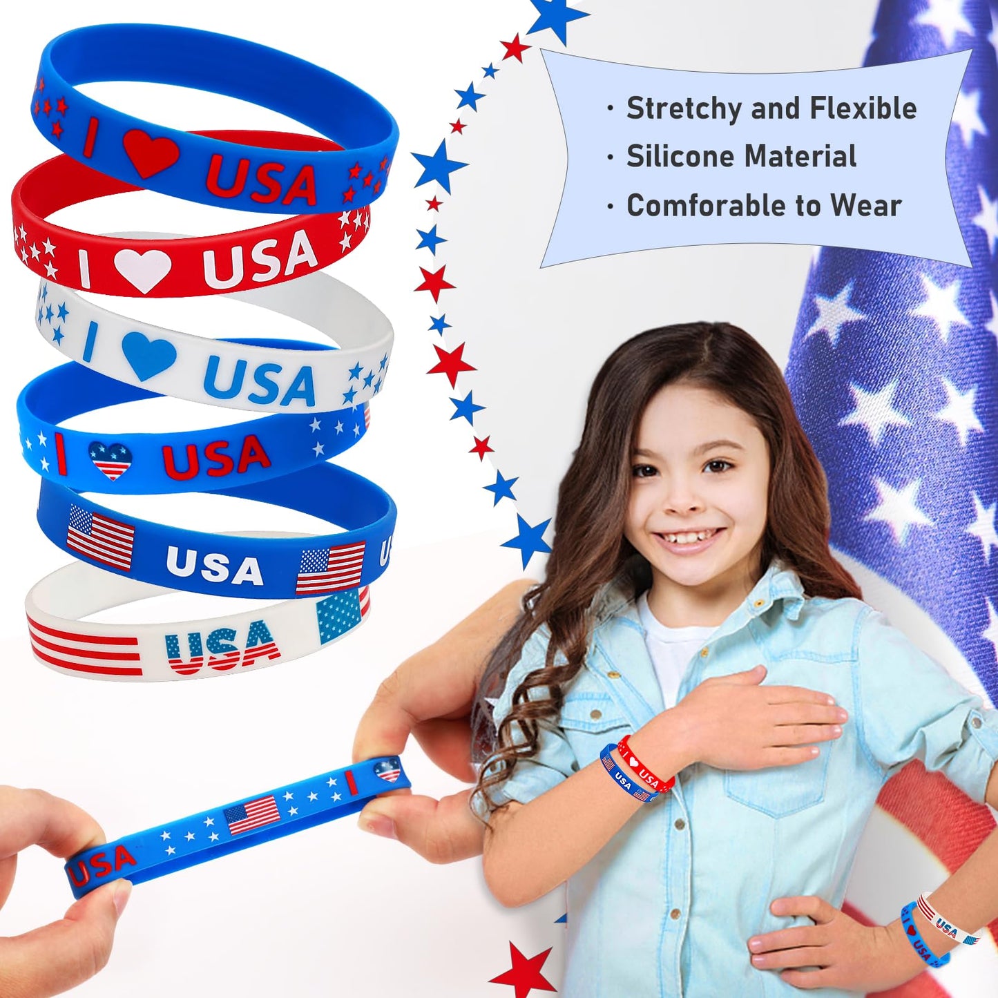 JUNEBRUSHS 42pcs 4th of July Silicone Bracelets – Red White Blue Patriotic Wristbands (6 Designs)