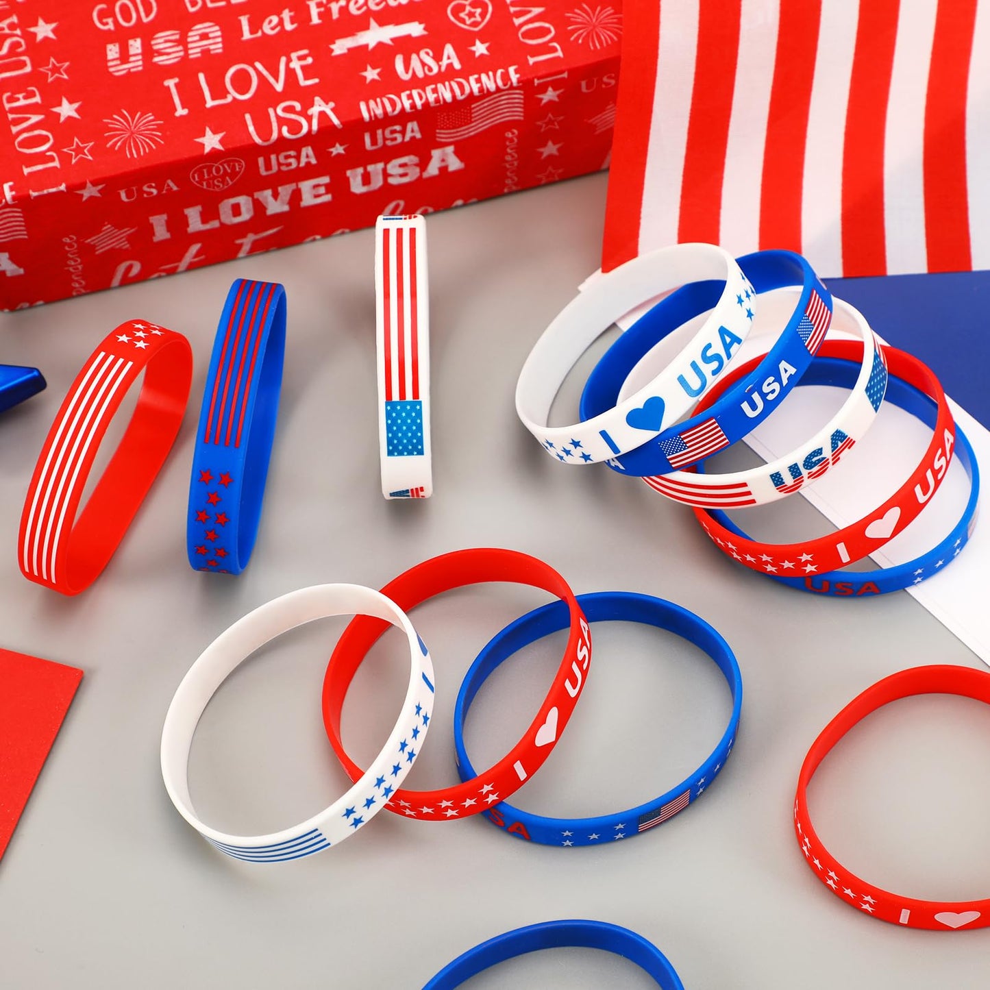 JUNEBRUSHS 42pcs 4th of July Silicone Bracelets – Red White Blue Patriotic Wristbands (6 Designs)